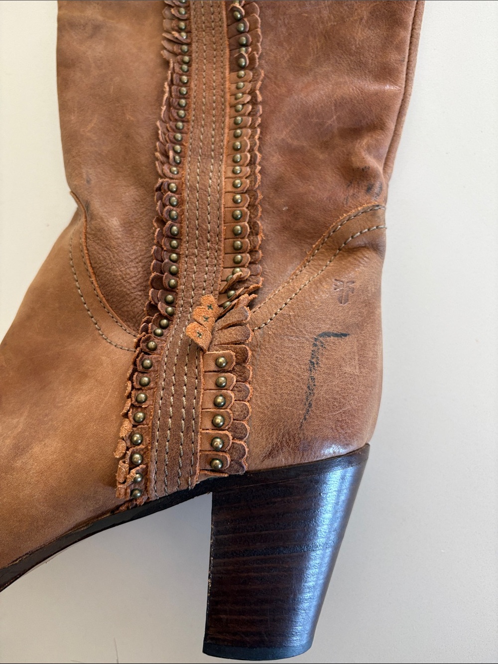 Frye Cognac Brown Scallop Studded Trim Leather Knee High Boots - Picture 8 of 17